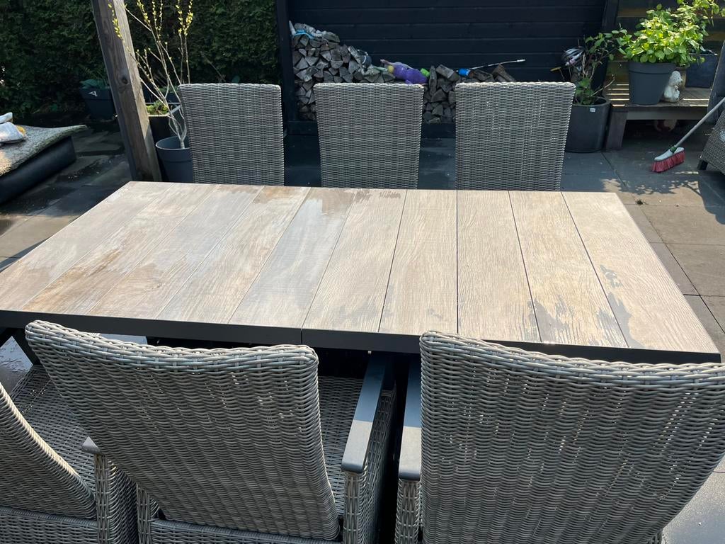 Luxe tuinset keramiek blad 200/260 x 100, 6 stoelen, Tuin en Terras, Tuinsets en Loungesets, Zo goed als nieuw, Aluminium, Ophalen
