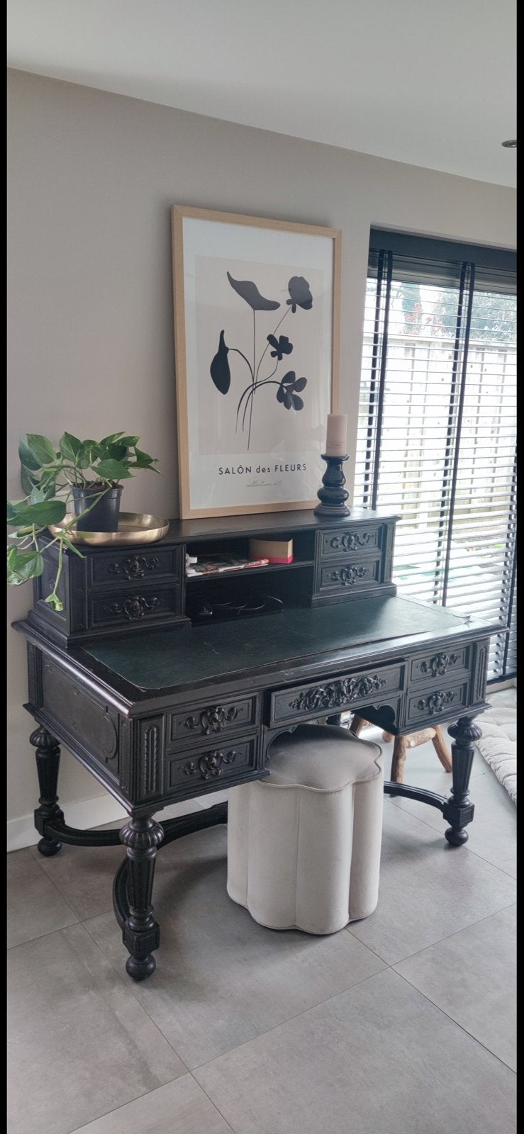 Antiek Bureau met Groen Leren Blad - Donker Hout, Ophalen
