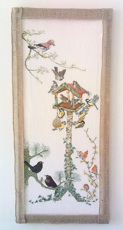 Schitterend borduurwerk vogels vogeltafereel, Antiek en Kunst, Curiosa en Brocante, Ophalen