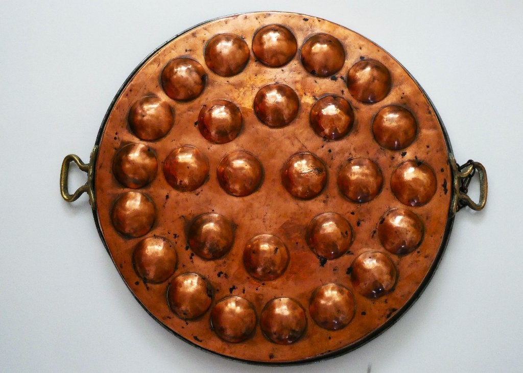 Grote antieke roodkoperen poffertjespan pan van ca. 1900, Ophalen of Verzenden, Koper