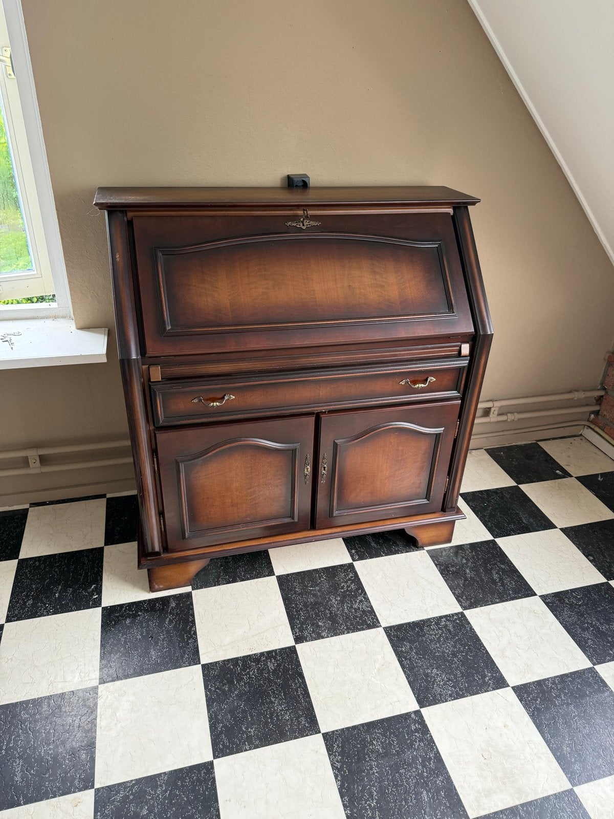 Antiek houten secretaire met groen leer, Ophalen