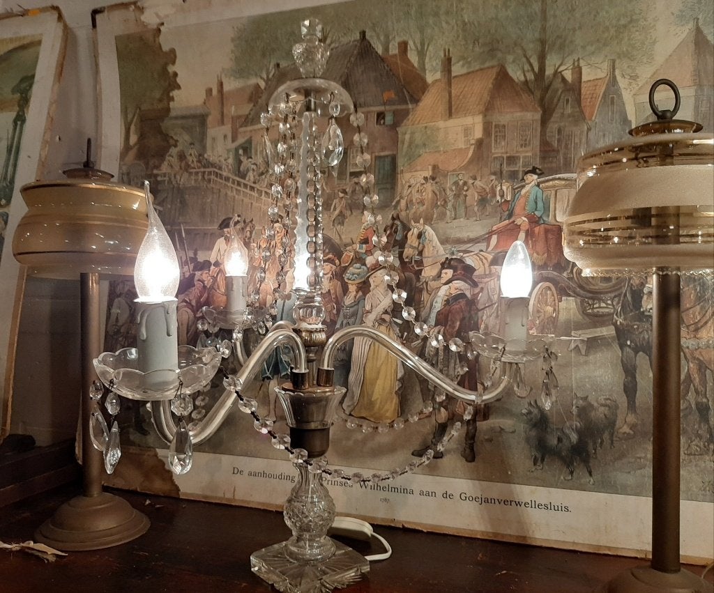 Antieke kristallen tafellamp met 3 licht punten mooie lamp, Ophalen of Verzenden