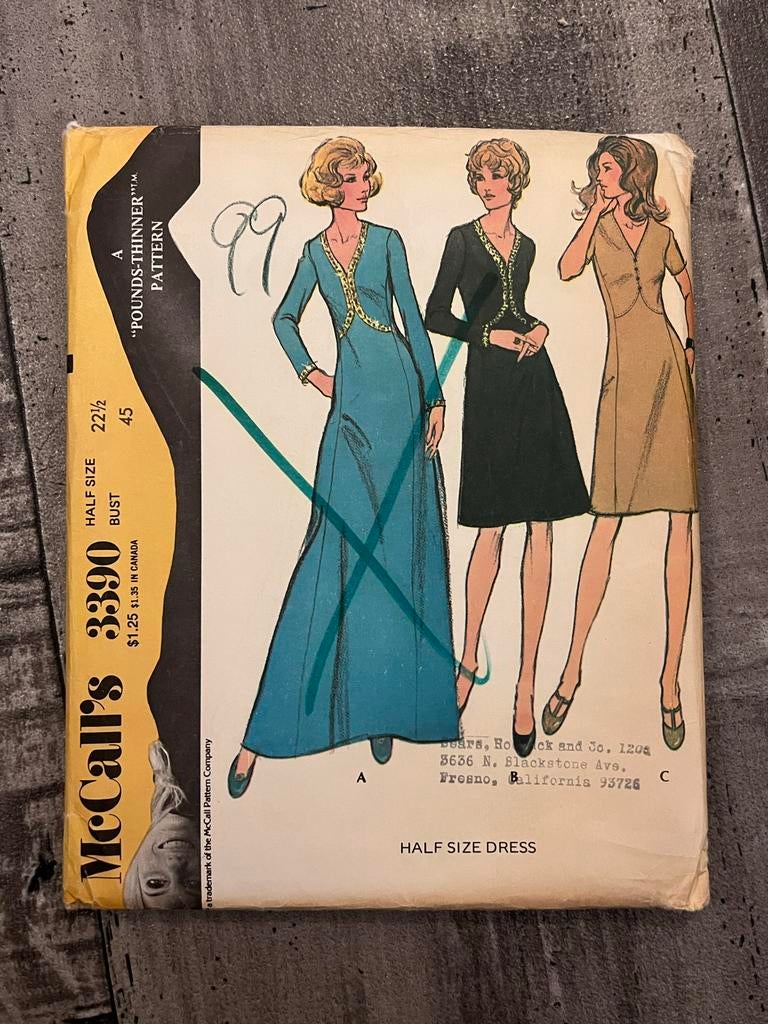 Vintage McCall's 3390 Naaipatroon 1972 - Maat 22 1/2, Overige merken, Vrouw, Ophalen of Verzenden, Overige typen