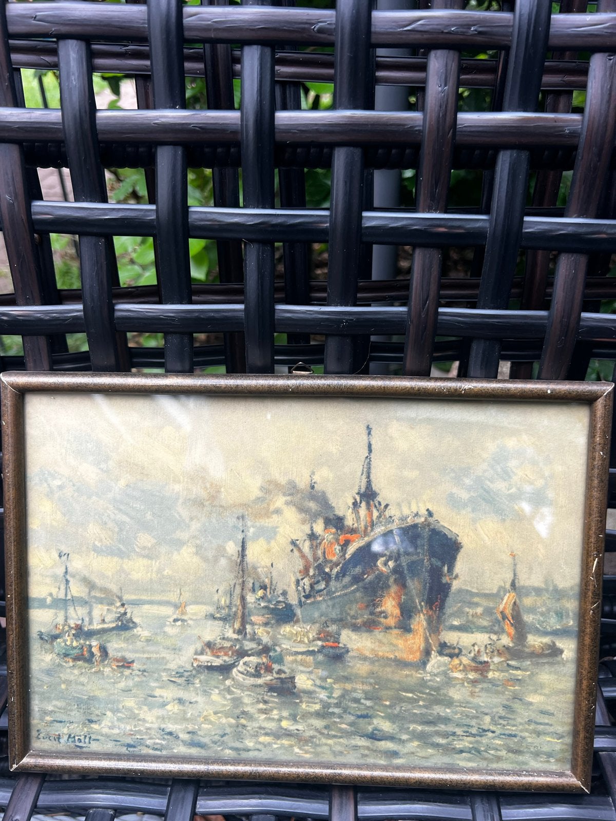 Vintage kunstprint van Haven met Schepen - Gesigneerd, Ophalen of Verzenden