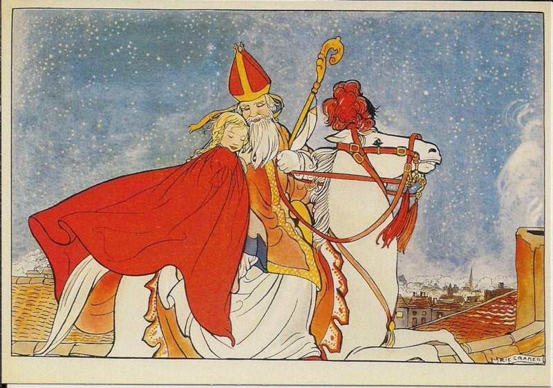 Sint met meisje op dak - Rie Cramer prentbriefkaart [C8223], Ophalen of Verzenden, 1980 tot heden, Ongelopen, Kinderen