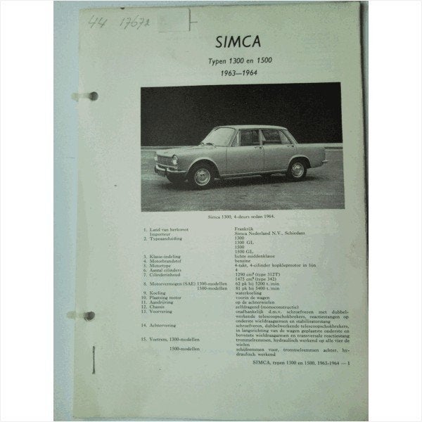 Simca 1300 1500 Vraagbaak losbladig 1963-1964 #2 Nederlands, Ophalen of Verzenden, Gelezen, Overige merken