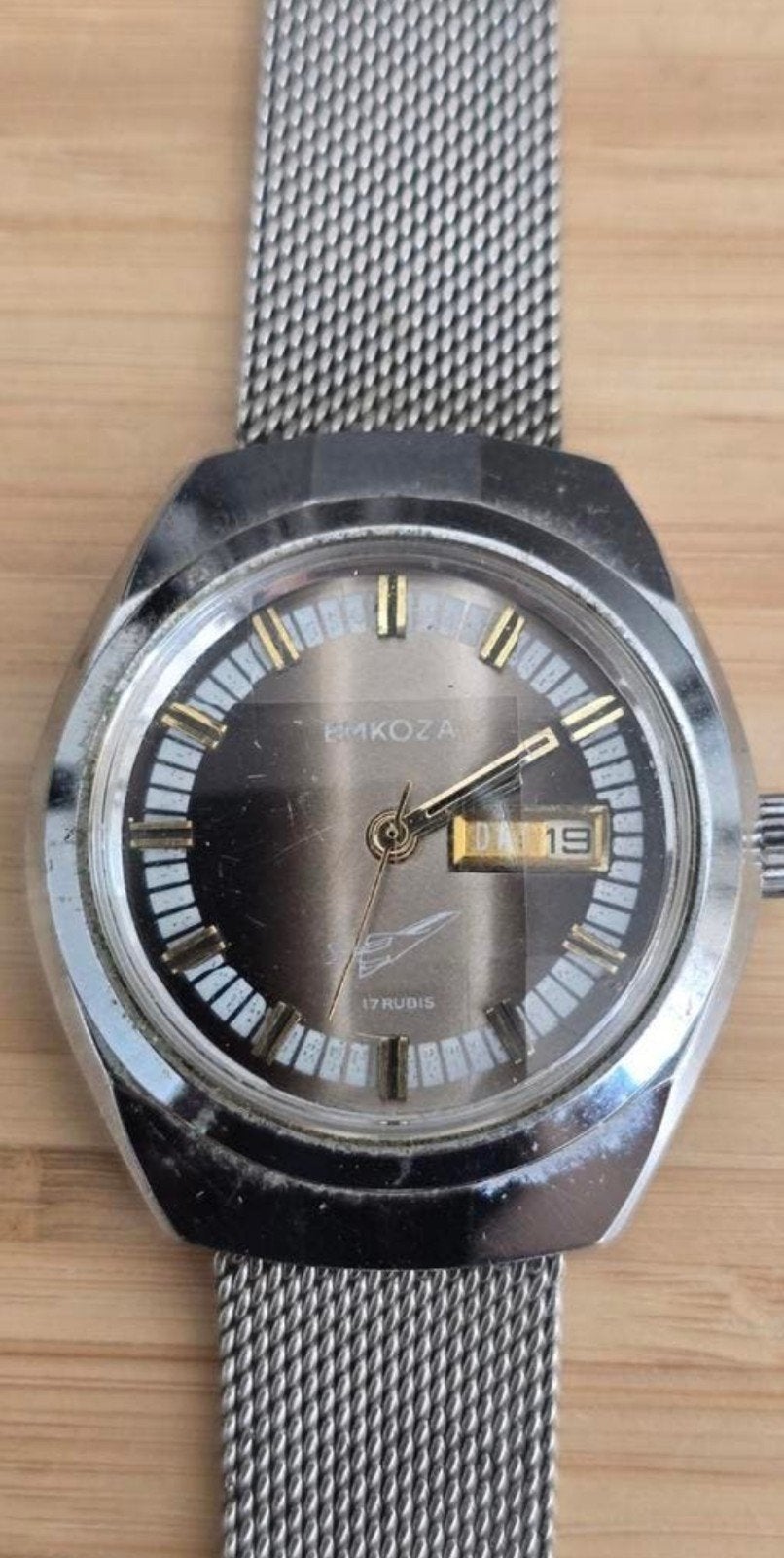 Vintage EMKOZA Herenhorloge Automatic - 17 Rubis Day-Date, Overige merken, Staal, Met bandje, Verzenden