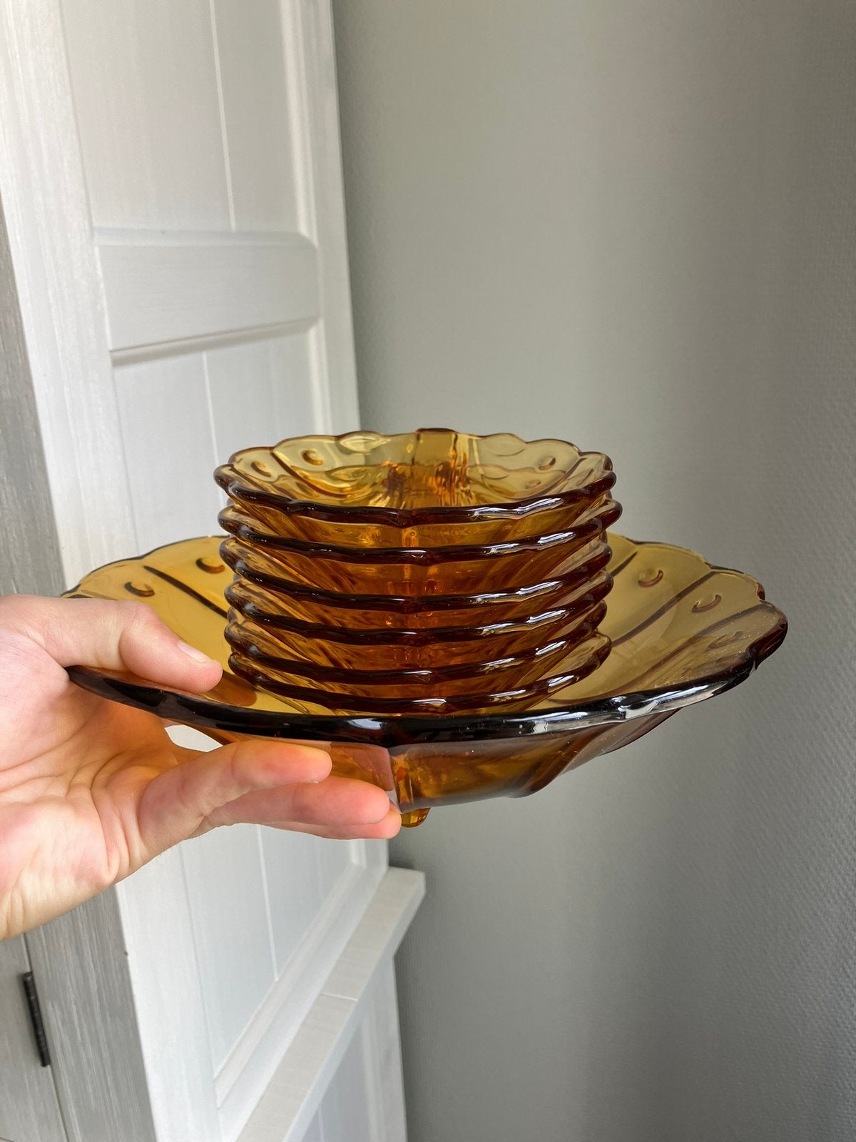 7 delig vintage geel schalen glazen set amberkleurig schelp, Ophalen of Verzenden