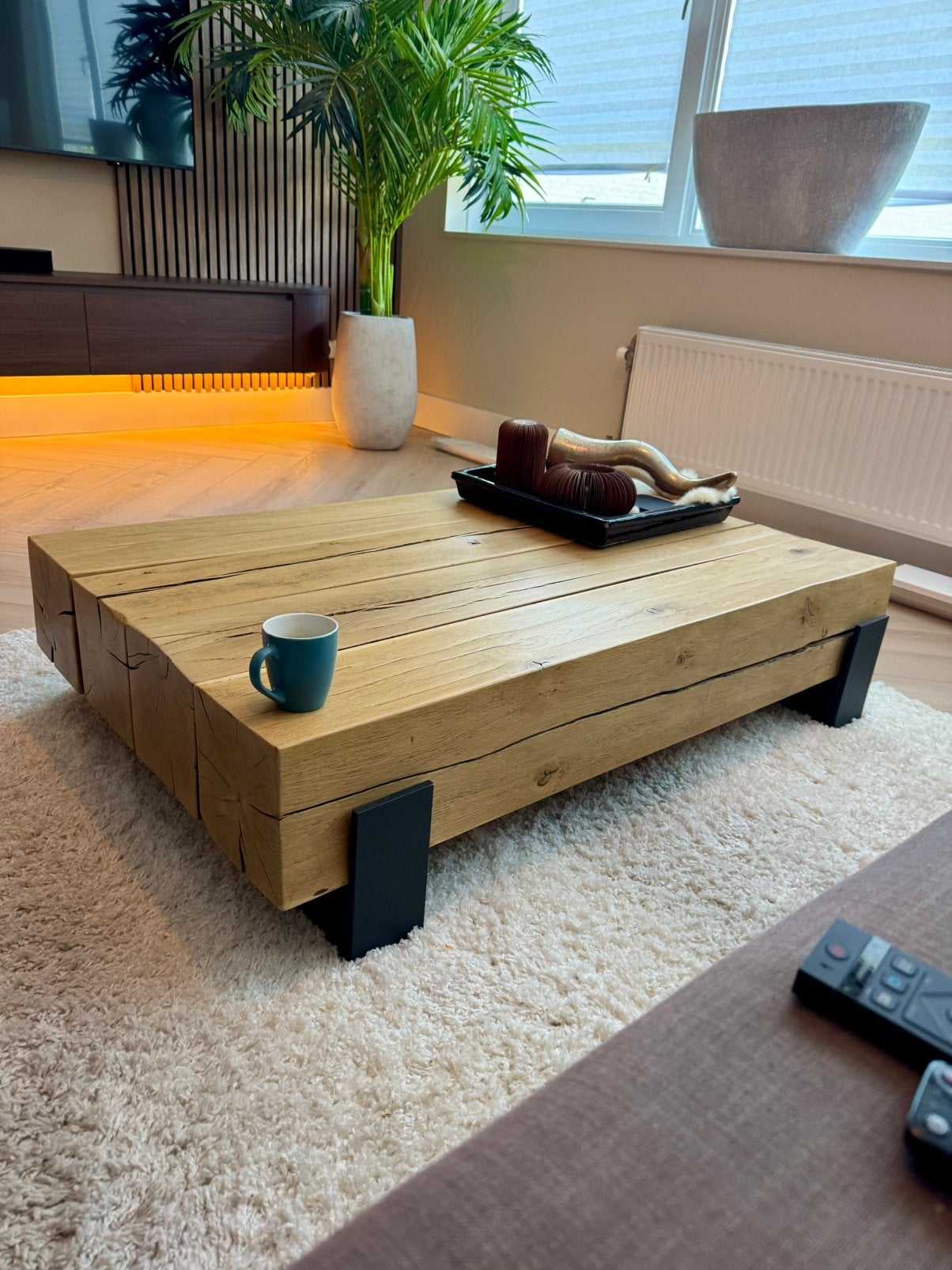 Massieve eiken salontafel van 18x18 balken - Industrieel, Gebruikt, 100 tot 150 cm, Eikenhout, 50 tot 100 cm