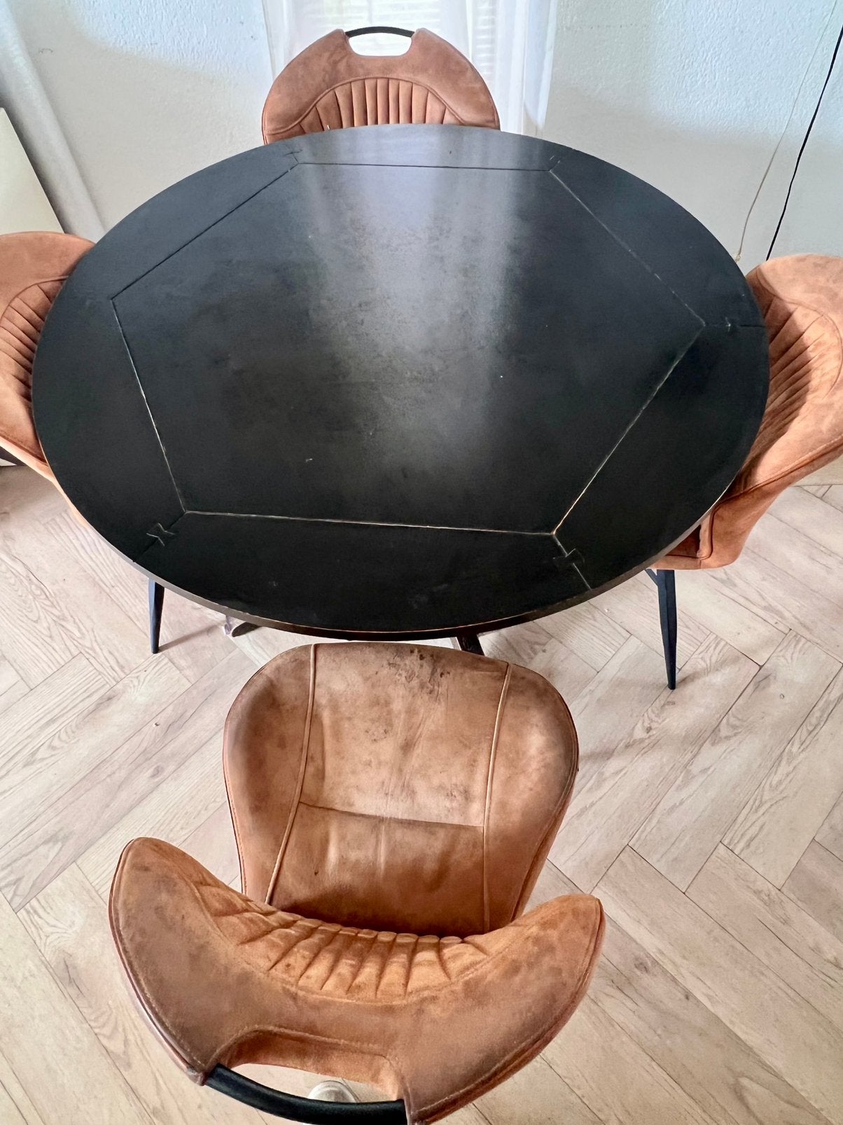 Eettafel met 4 stoelen, 100 tot 150 cm, Rond, Ophalen of Verzenden, Zo goed als nieuw
