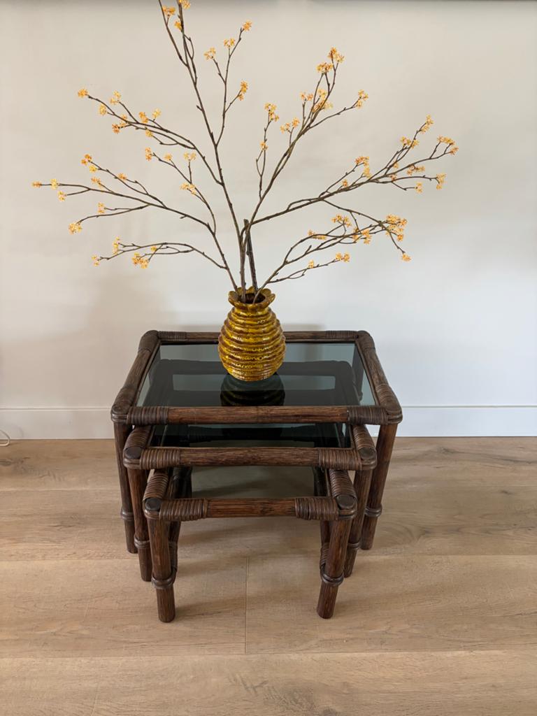 Vintage rotan mimi set met rookglas salontafels, Ophalen