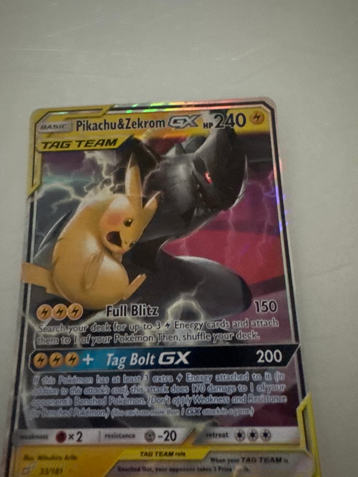 Pikachu & Zekrom GX Tag Team Pokémon Kaart (Foil), Hobby en Vrije tijd, Ophalen of Verzenden, Zo goed als nieuw, Losse kaart, Foil