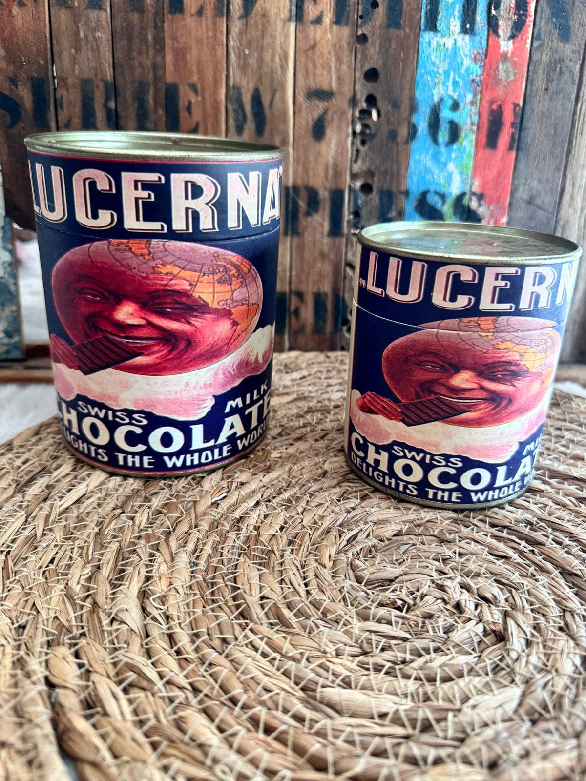 Vintage  Lucerna Swiss Milk Chocolate bewaardozen / blikken, Ophalen of Verzenden, Zo goed als nieuw, Overige