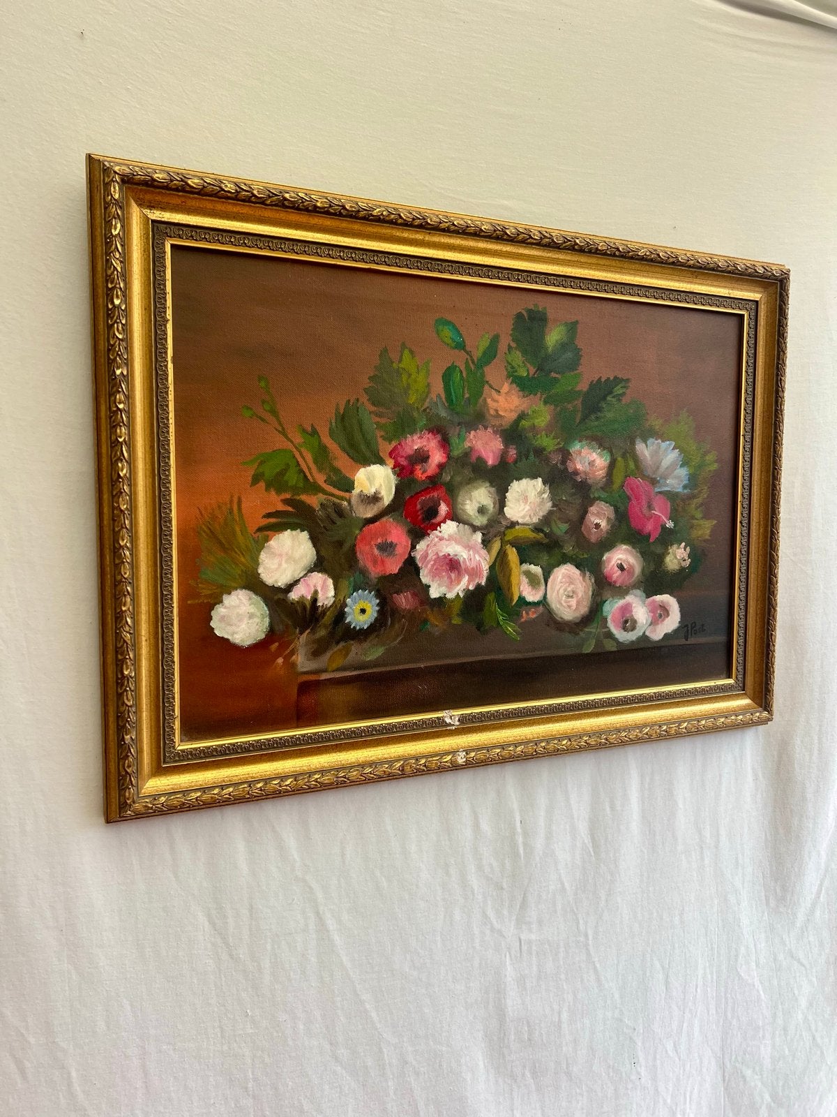 Vintage Bloemenstilleven in Luxe Gouden Lijst, Doek, Bijzondere lijst, Stilleven, Ophalen of Verzenden