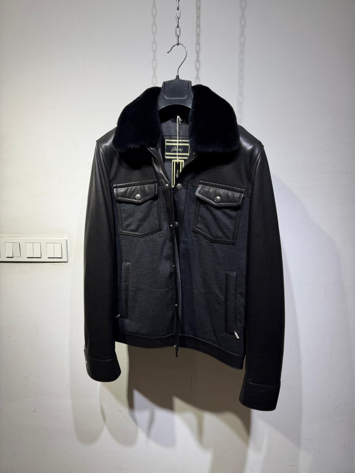 Brioni bont leren bomberjack - IT50, Kleding | Heren, Ophalen of Verzenden, Nieuw, Zwart