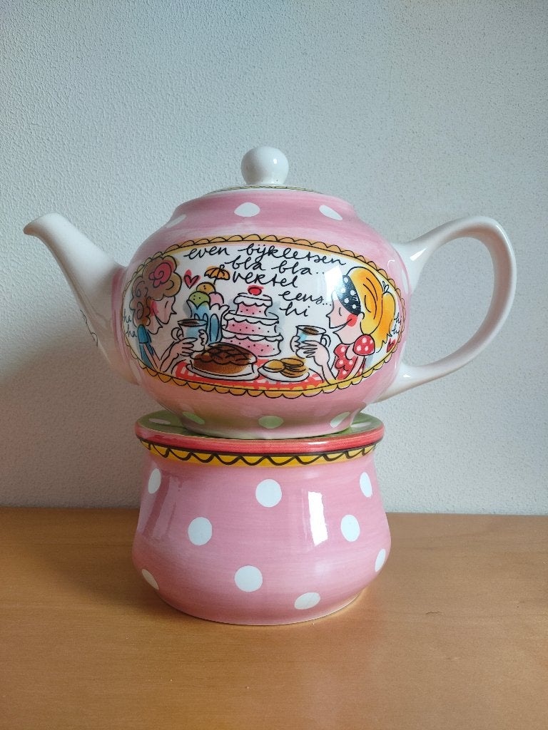Blond Amsterdam 'Even bijkletsen' theepot set, Ophalen of Verzenden, Zo goed als nieuw, Theepot, Aardewerk