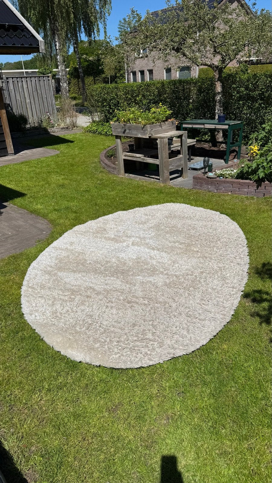 Ovaal wit hoogpolig vloerkleed 3x2 meter, Ophalen, Gebruikt, Wit, 200 cm of meer