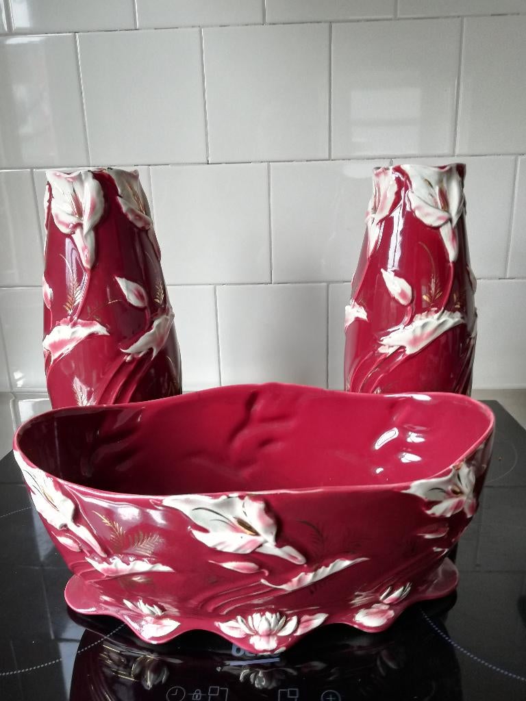 art nouveau jardiniere en 2 vazen bordeaurood/cremewit/goud, Binnen, Ophalen of Verzenden, Zo goed als nieuw, Overige vormen
