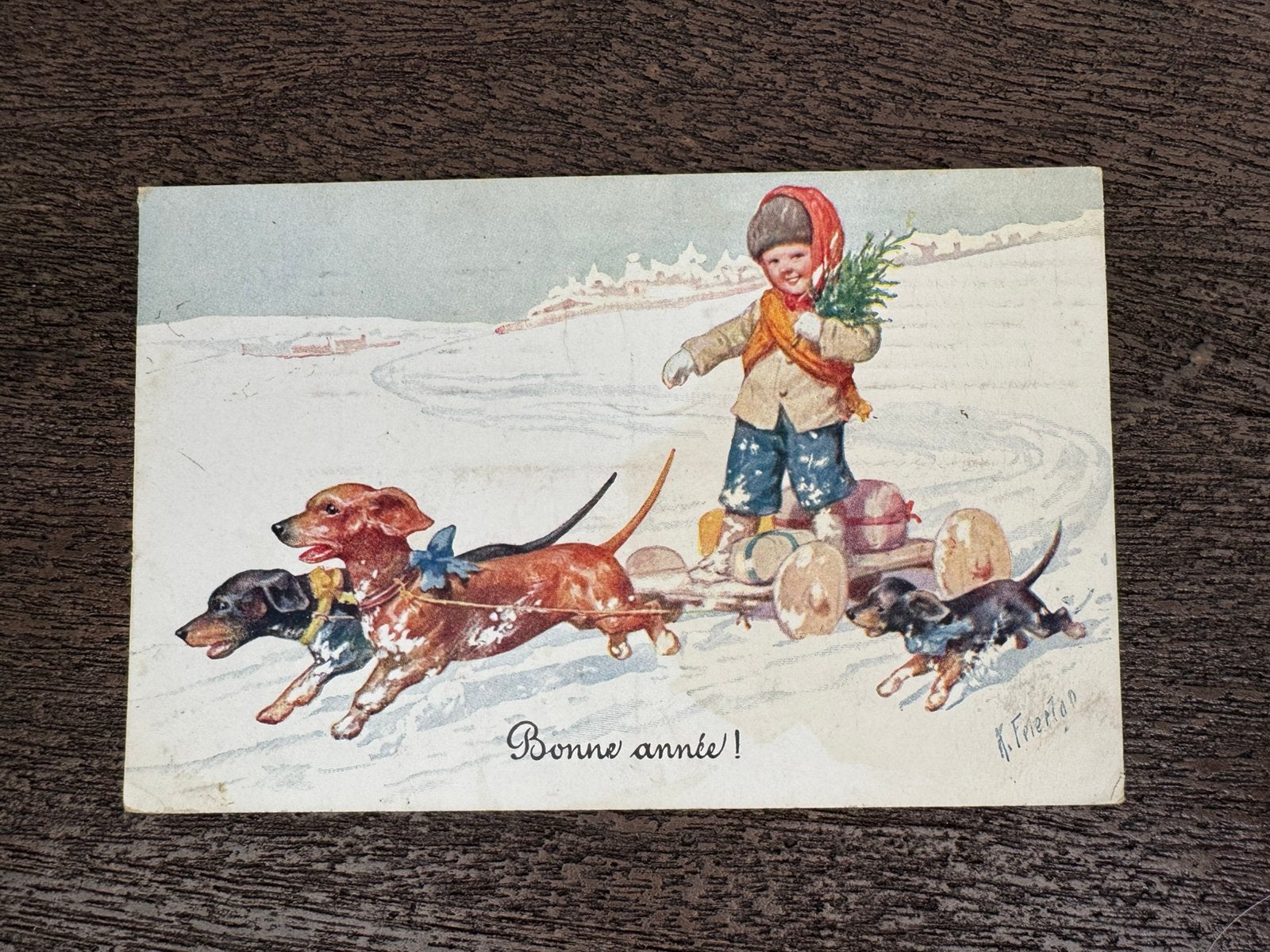 Feiertag jongen met teckels kerst, Verzamelen, Ansichtkaarten | Themakaarten, Ophalen of Verzenden, Voor 1920, Kinderen