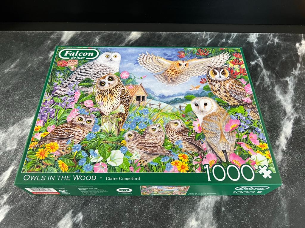 Falcon puzzel 1000 stukjes Owls in the wood, Hobby en Vrije tijd, Ophalen of Verzenden, 500 t/m 1500 stukjes, Zo goed als nieuw