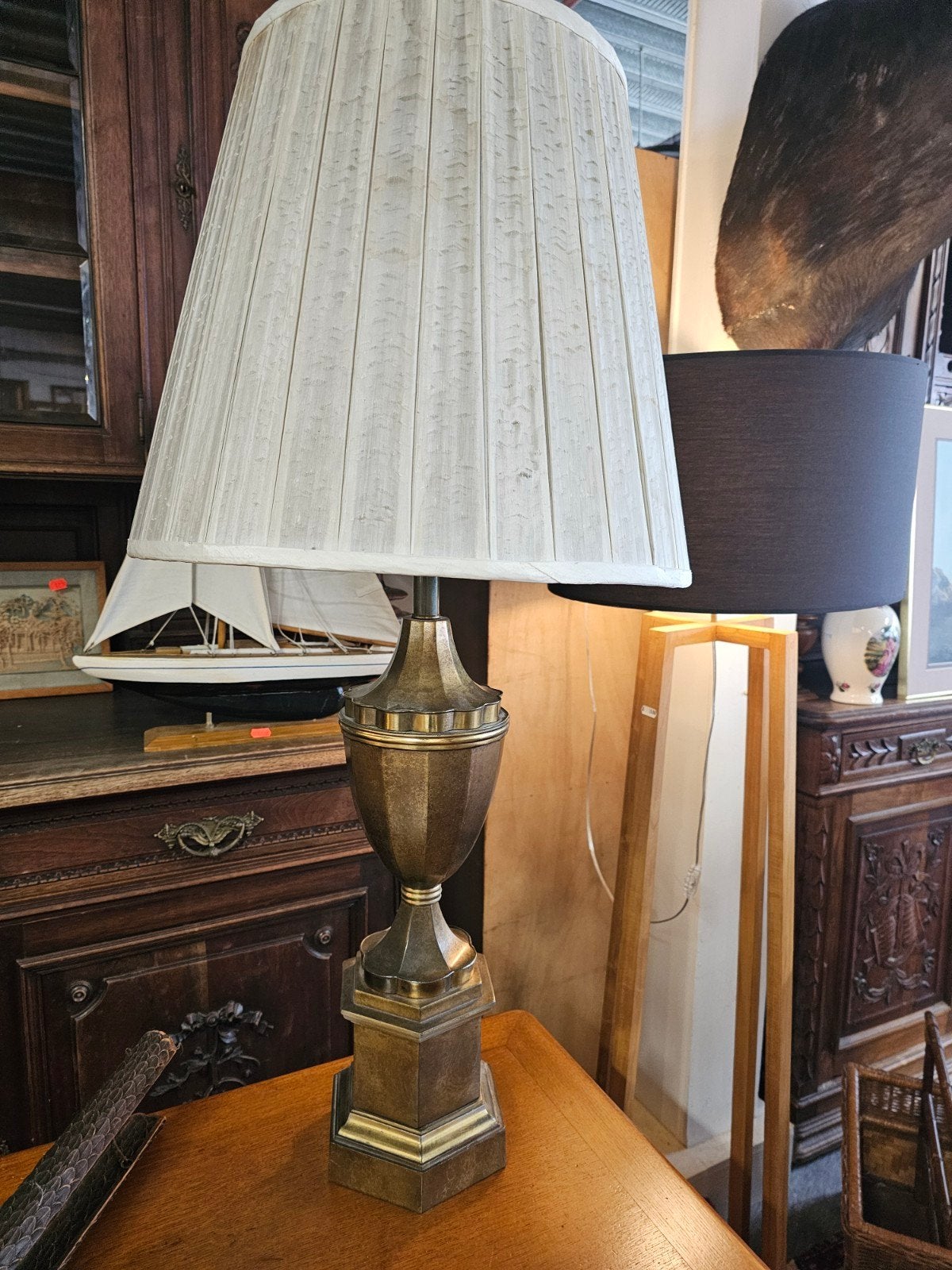 Set van 2 messing lampen met plissé kappen, Ophalen of Verzenden