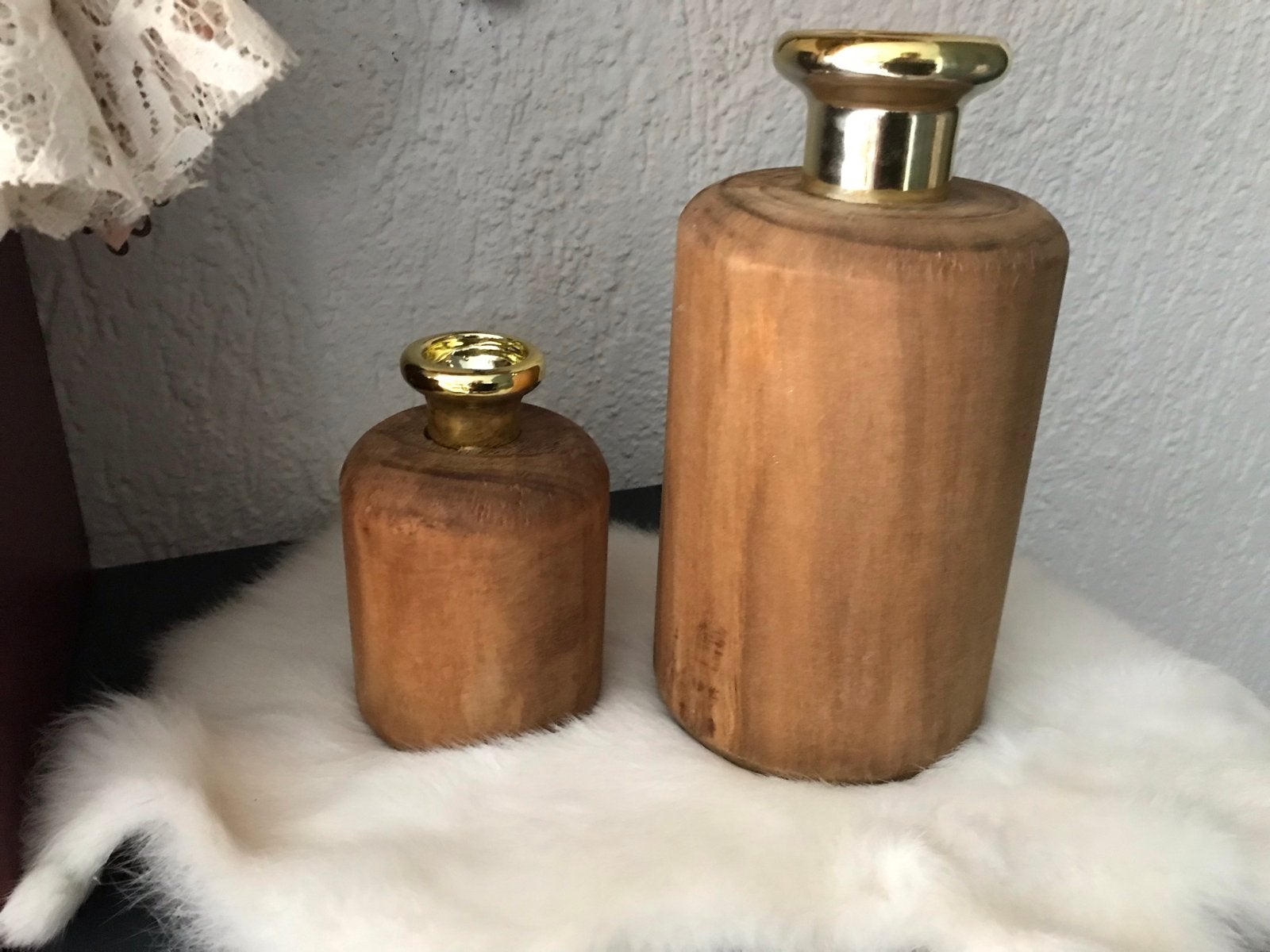 Set van 2 Clayre & Eef houten vazen met gouden accent, Bruin, Ophalen of Verzenden, Zo goed als nieuw, Geschikt voor droogbloemen