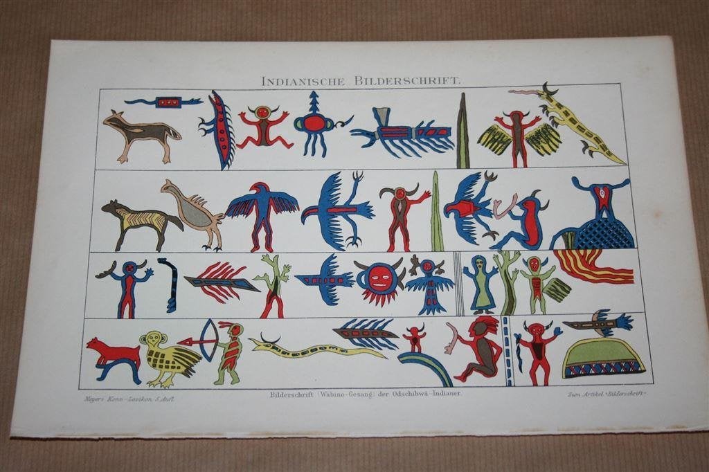 Antieke kleurenprent - Schrift v. Amerikaanse indianen - 190, Ophalen of Verzenden, Voor 1940, Zo goed als nieuw, Overige onderwerpen