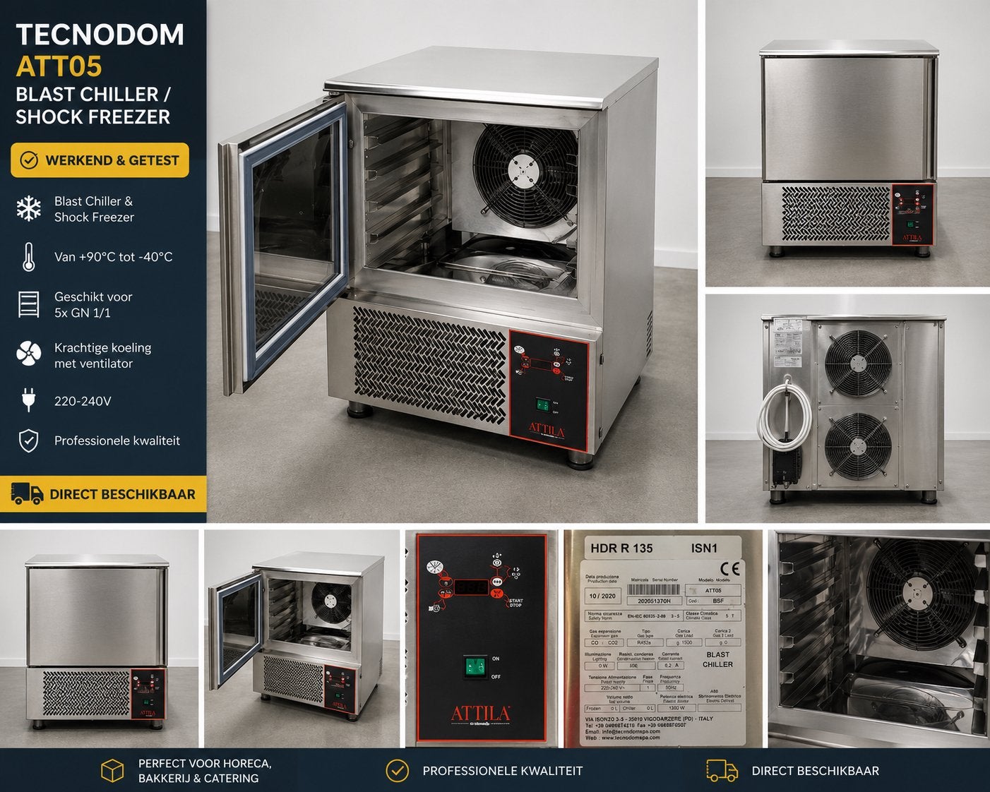 Tecnodom ATT05 Blast Chiller / Shock Freezer 5x GN, Ophalen, 200 liter of meer, 60 cm of meer, 160 cm of meer