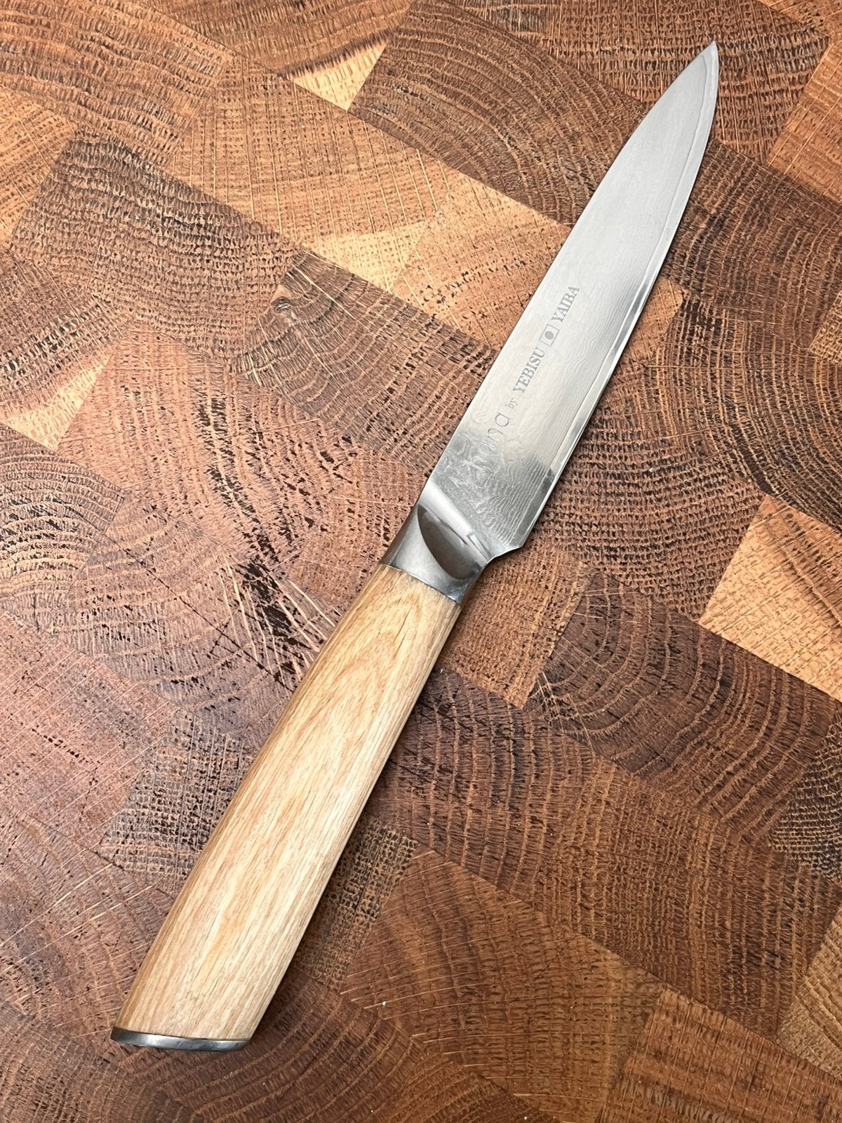 Japapans damascus keuken- en schilmes - hana by yebisu yaiba, Ophalen of Verzenden, Zo goed als nieuw, Rvs of Chroom