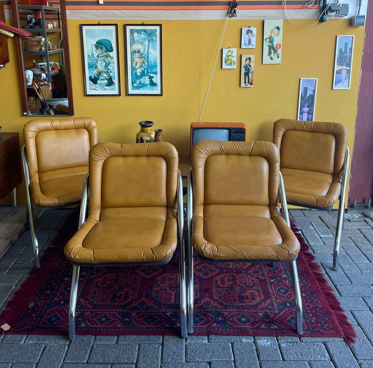 4 vintage jaren 70 okergele buisframe eetkamer stoelen, Ophalen, Overige kleuren, Vintage, ?