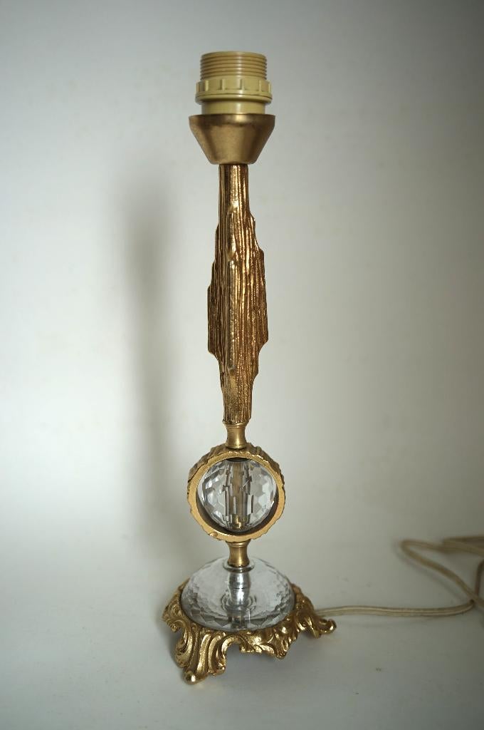 vintage tafellamp hollywood brutalist messing geslepen glas, Huis en Inrichting, Ophalen of Verzenden, Gebruikt, Glas