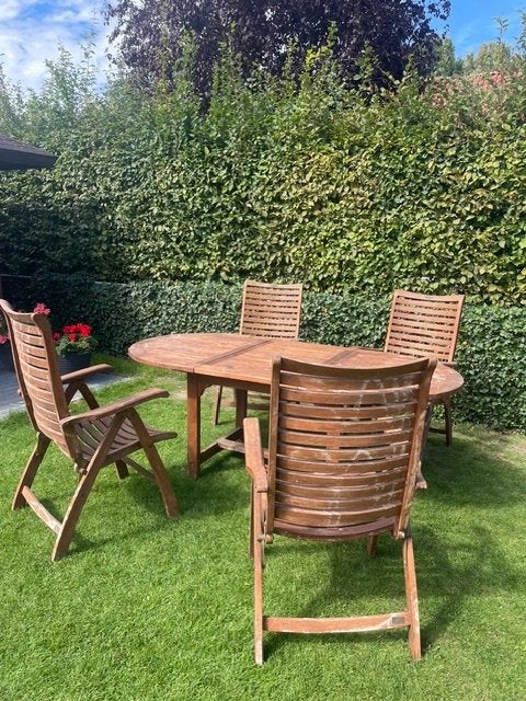 Teak hout tuinset Hartman tafel+4 stoelen OPRUIMING zsm weg, Ophalen, 4 zitplaatsen, Gebruikt, Teakhout
