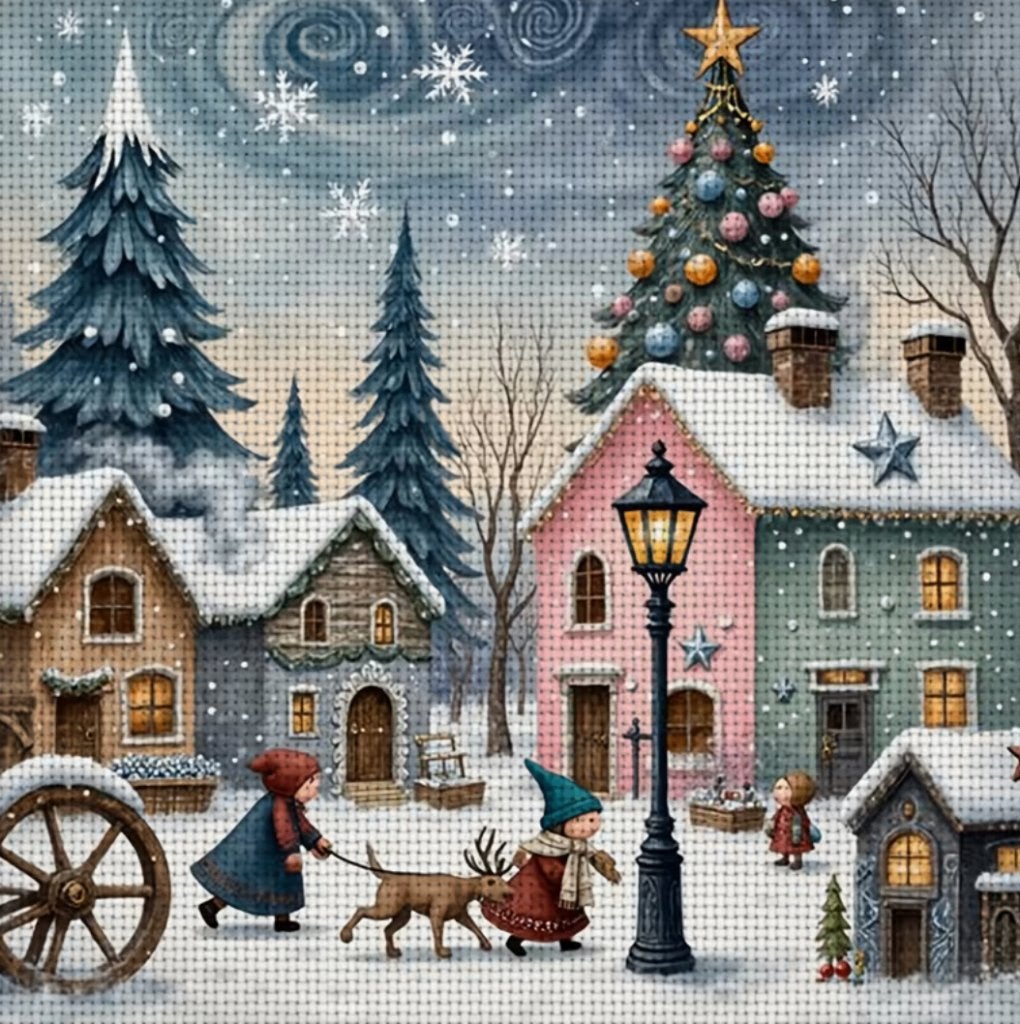 Compleet borduurpakket 30x30cm Kerstdorp, Hobby en Vrije tijd, Verzenden, Nieuw, Handborduren, Borduurpakket