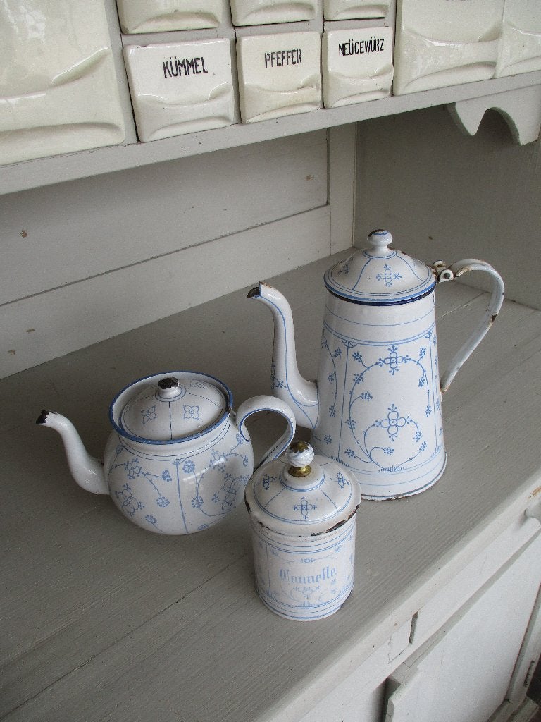 brocante emaille set koffiepot, theepot en busje Saks, Ophalen of Verzenden
