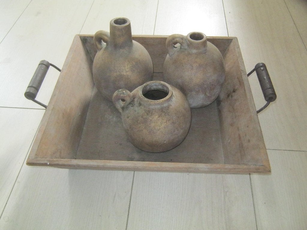 3 hele mooie decoratieve aardewerk vazen in houten bak, Ophalen, Overige kleuren, Zo goed als nieuw, Geschikt voor droogbloemen
