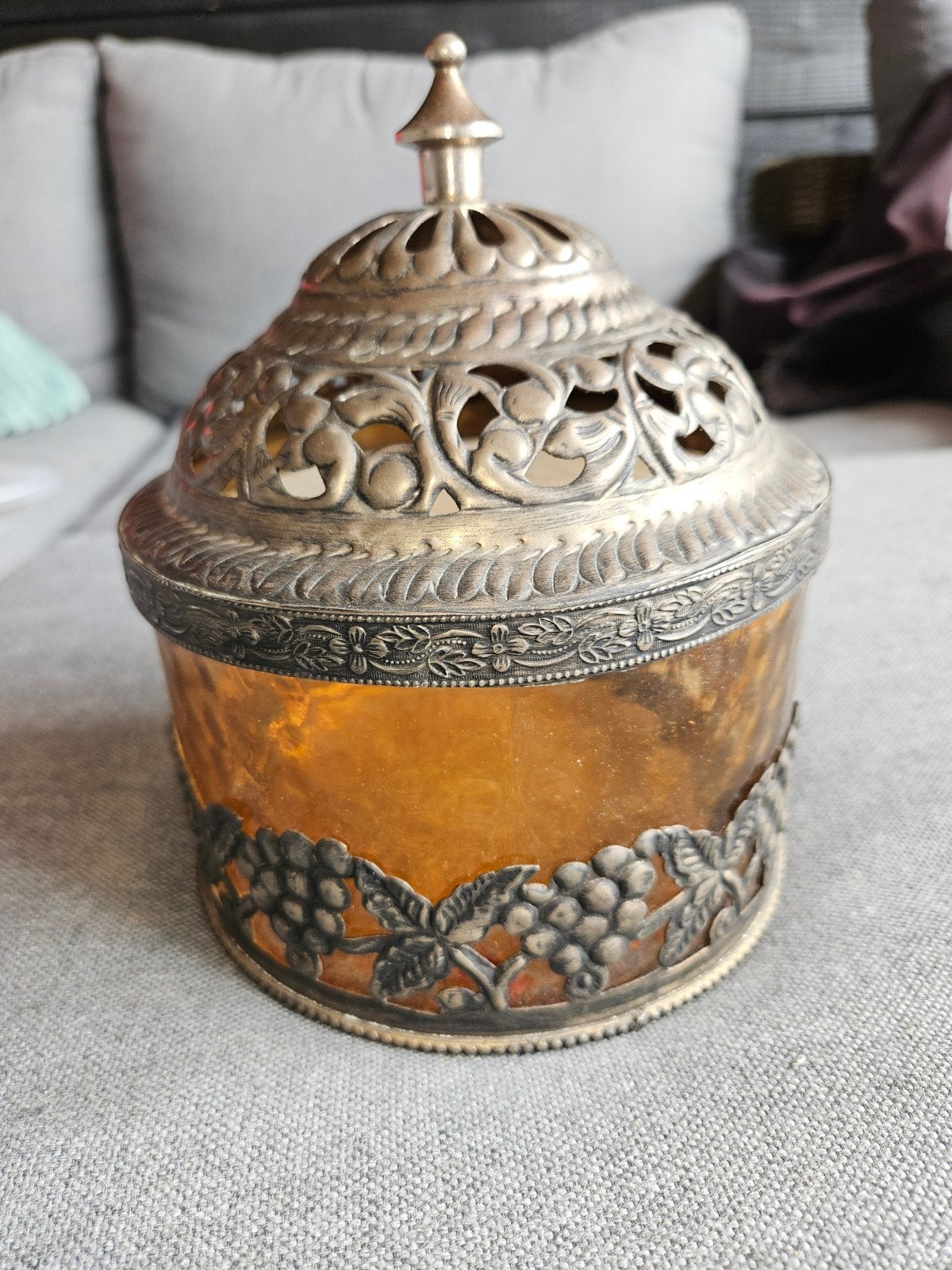 Vintage Oranje Glazen Pot met Metalen Deksel - 20cm Hoog, Antiek en Kunst, Ophalen of Verzenden