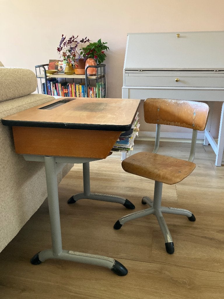 Vintage schooltafel en stoeltje, kinderbureau, Ophalen, Gebruikt, Tafel(s) en Stoel(en)