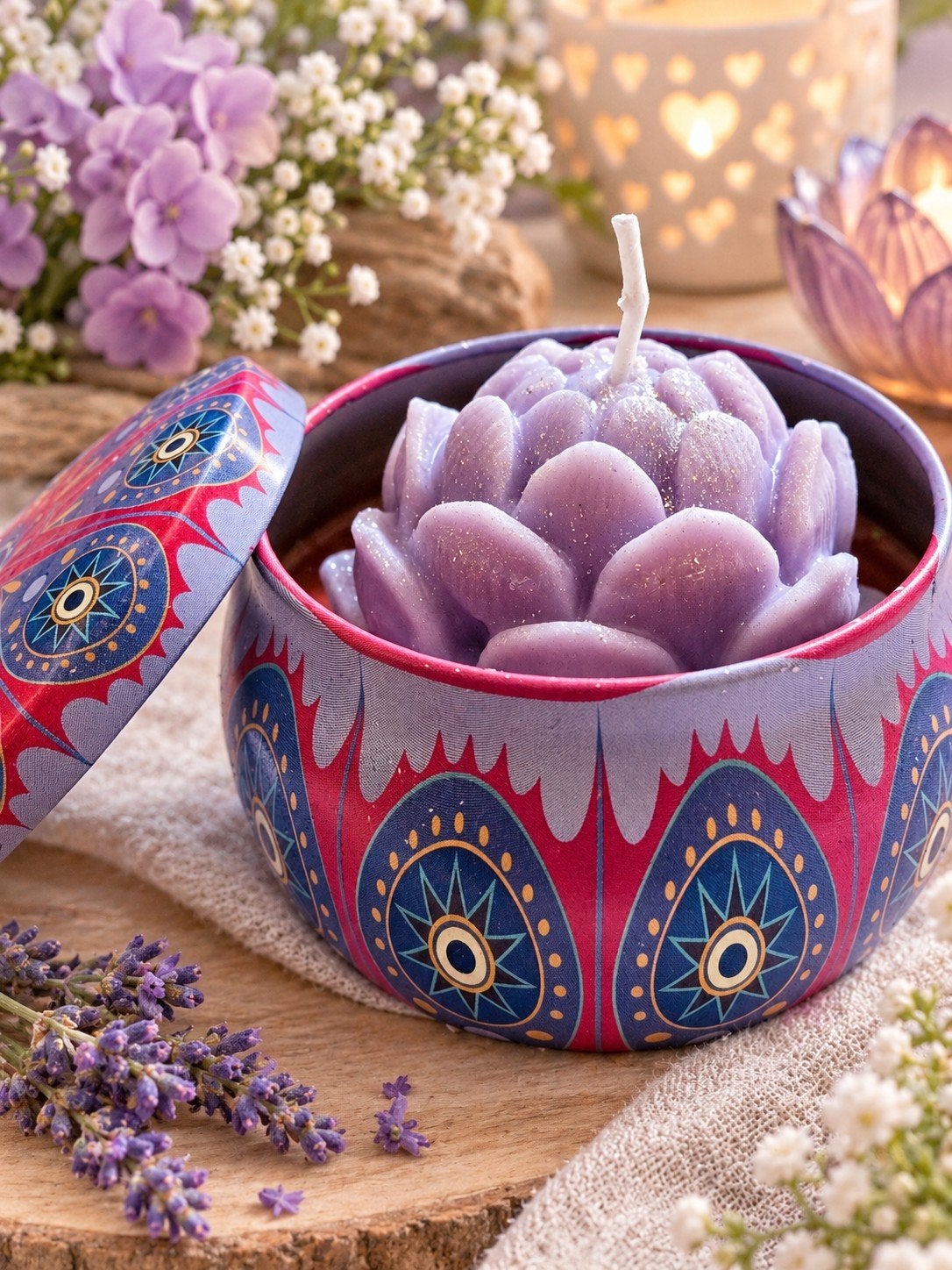 Lavendel Lotus Kaars in Decoratief Blikje, Paars, Ophalen of Verzenden, Kaars, Was