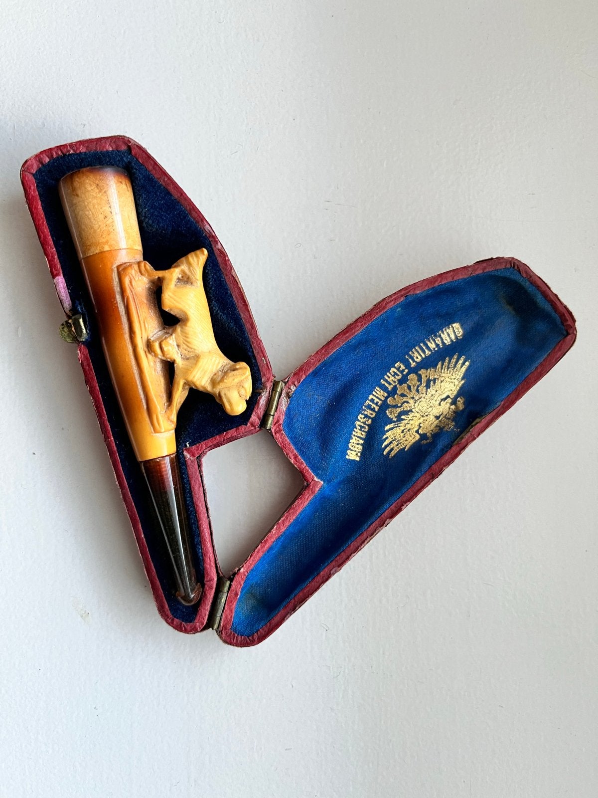 Antiek Meerschuim Sigarenpijpje met Hondje in Originele Doos, Ophalen of Verzenden