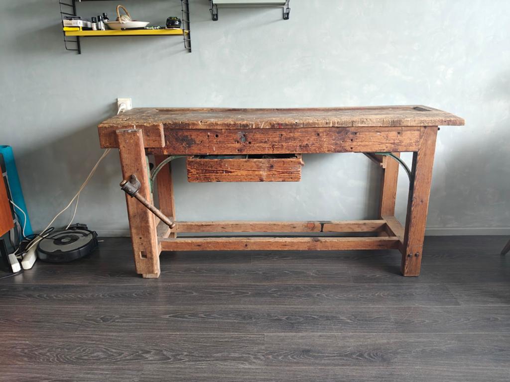 Oude houten werkbank, Doe-het-zelf en Verbouw, Werkbanken, Ophalen, Gebruikt, Bankschroef