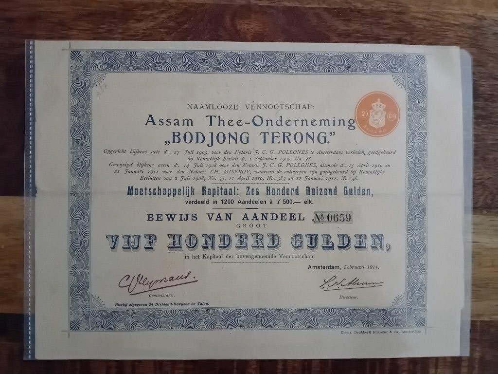 Aandeel Assam Thee-Onderneming Bodjong Terong - 1911, Postzegels en Munten, Aandelen en Waardepapieren, Ophalen of Verzenden, Voor 1920