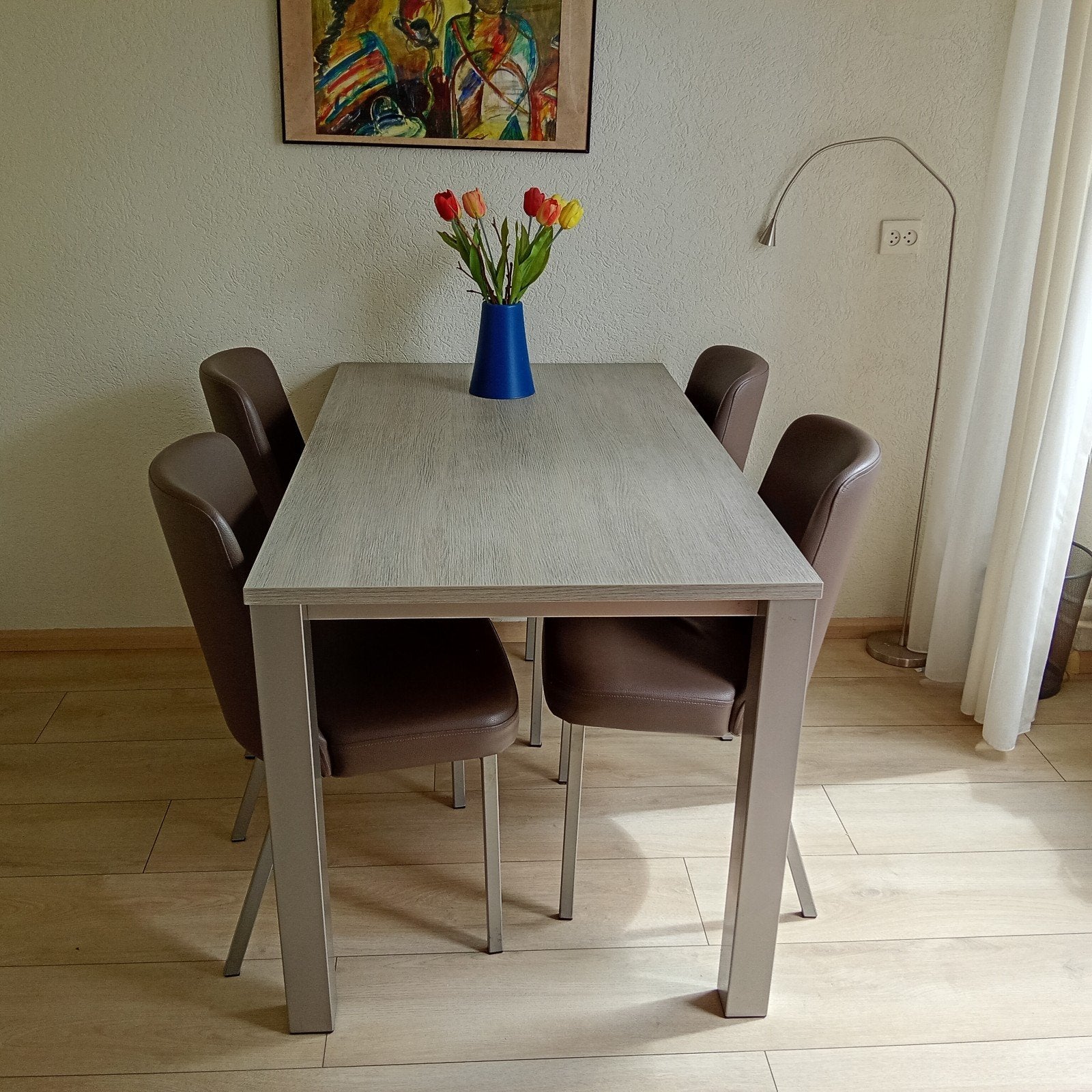 eettafel met 4 leren stoelen, Ophalen, 100 tot 150 cm, 50 tot 100 cm, Vier personen