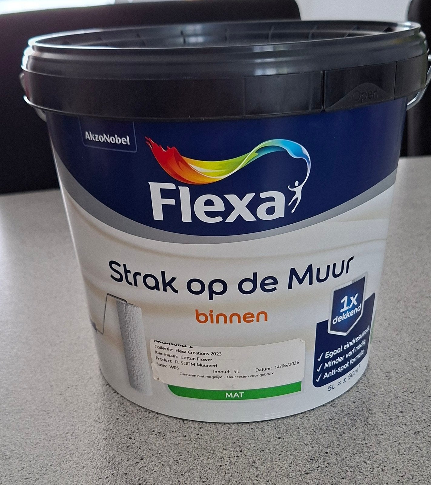 Flexa muurverf cotton flower strak op de muur 5 liter 50m2, 5 tot 10 liter, Ophalen of Verzenden, Nieuw, Verf