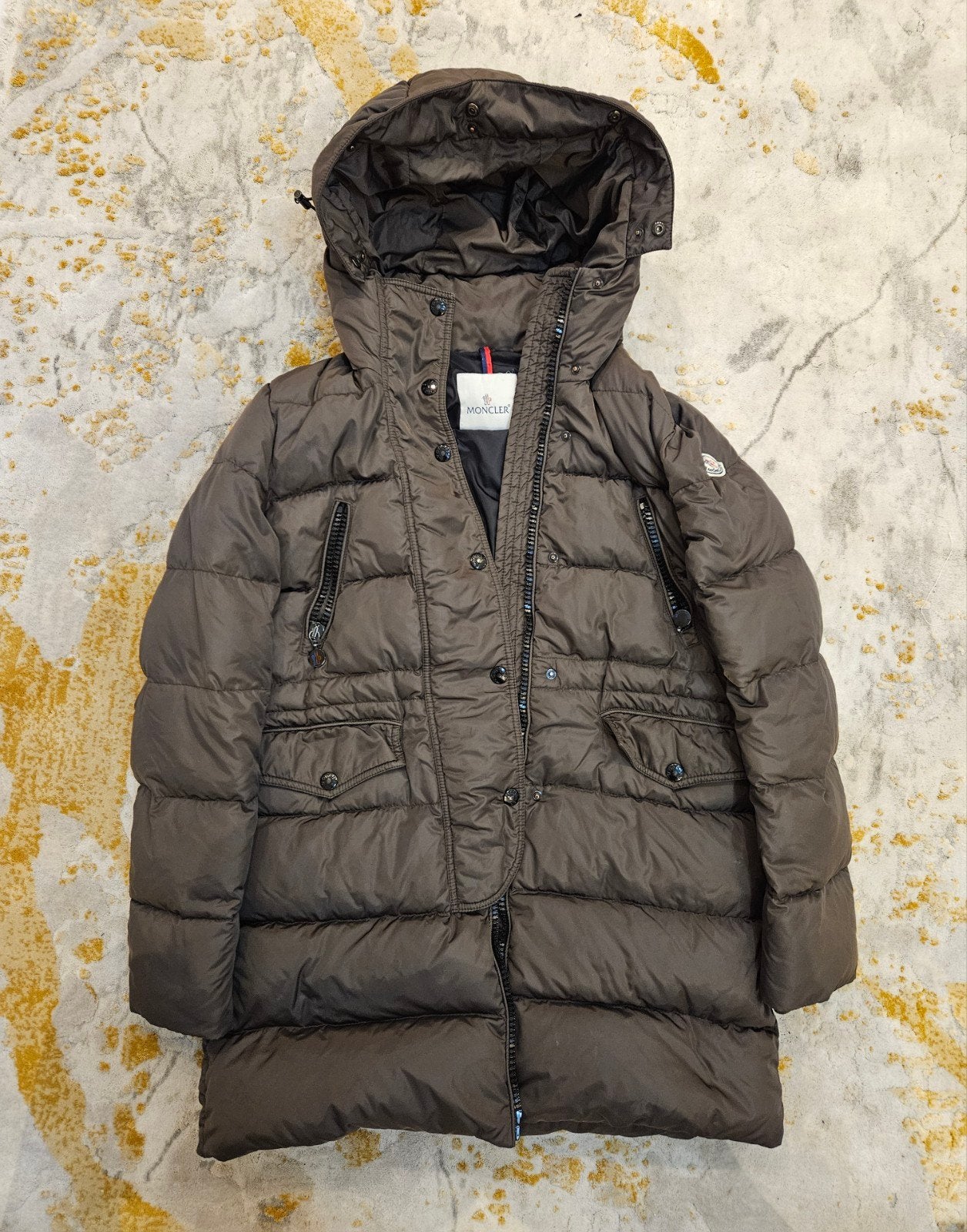 MONCLER Fragon Gewatteerde Lange Dons Puffer Jas Donkergroen, Ophalen of Verzenden, Zo goed als nieuw, Maat 36 (S), MONCLER