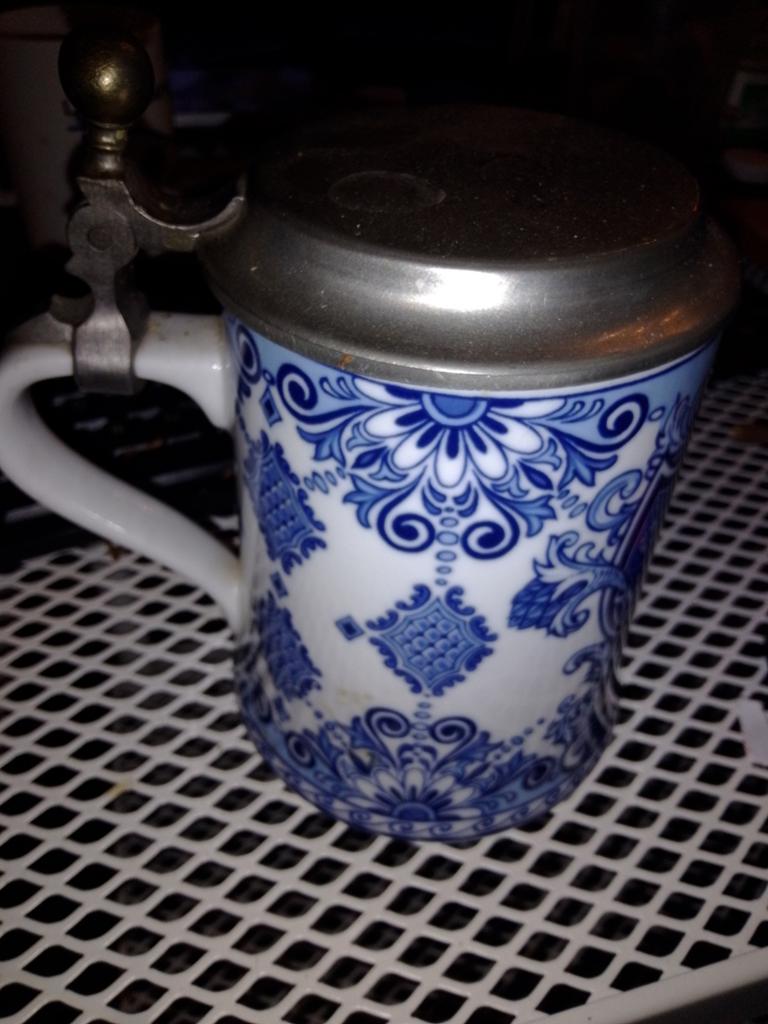 Vintage Bierpul met Tin Deksel - Blauw-Wit Porselein, Ophalen of Verzenden