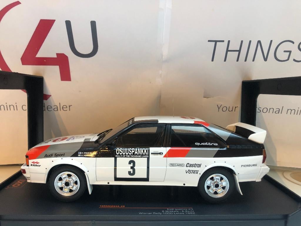 Ixo 1:18 Audi Quattro winnaar Rally 1000 Lakes 1982 Mikkola, Hobby en Vrije tijd, Modelauto's | 1:18, Ophalen of Verzenden, Nieuw