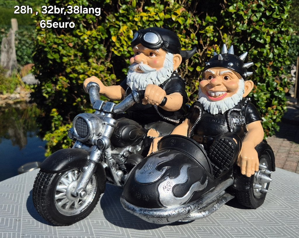 Polyester kerels op moto met zijspan, Tuin en Terras, Tuinbeelden, Ophalen of Verzenden, Nieuw, Kunststof, Mensenbeeld