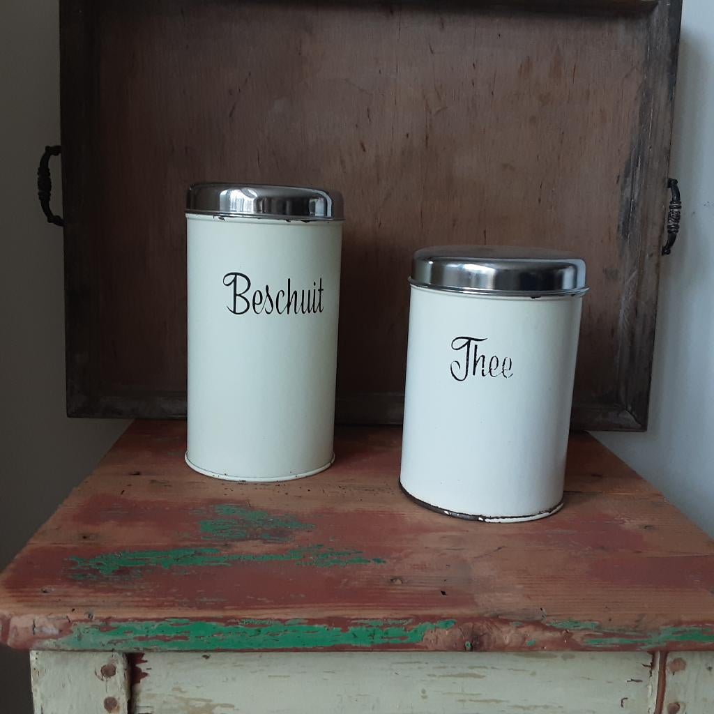 Vintage voorraadblikken Beschuit en Thee, Beige, Gebruikt, Ophalen of Verzenden, Voorraadpot