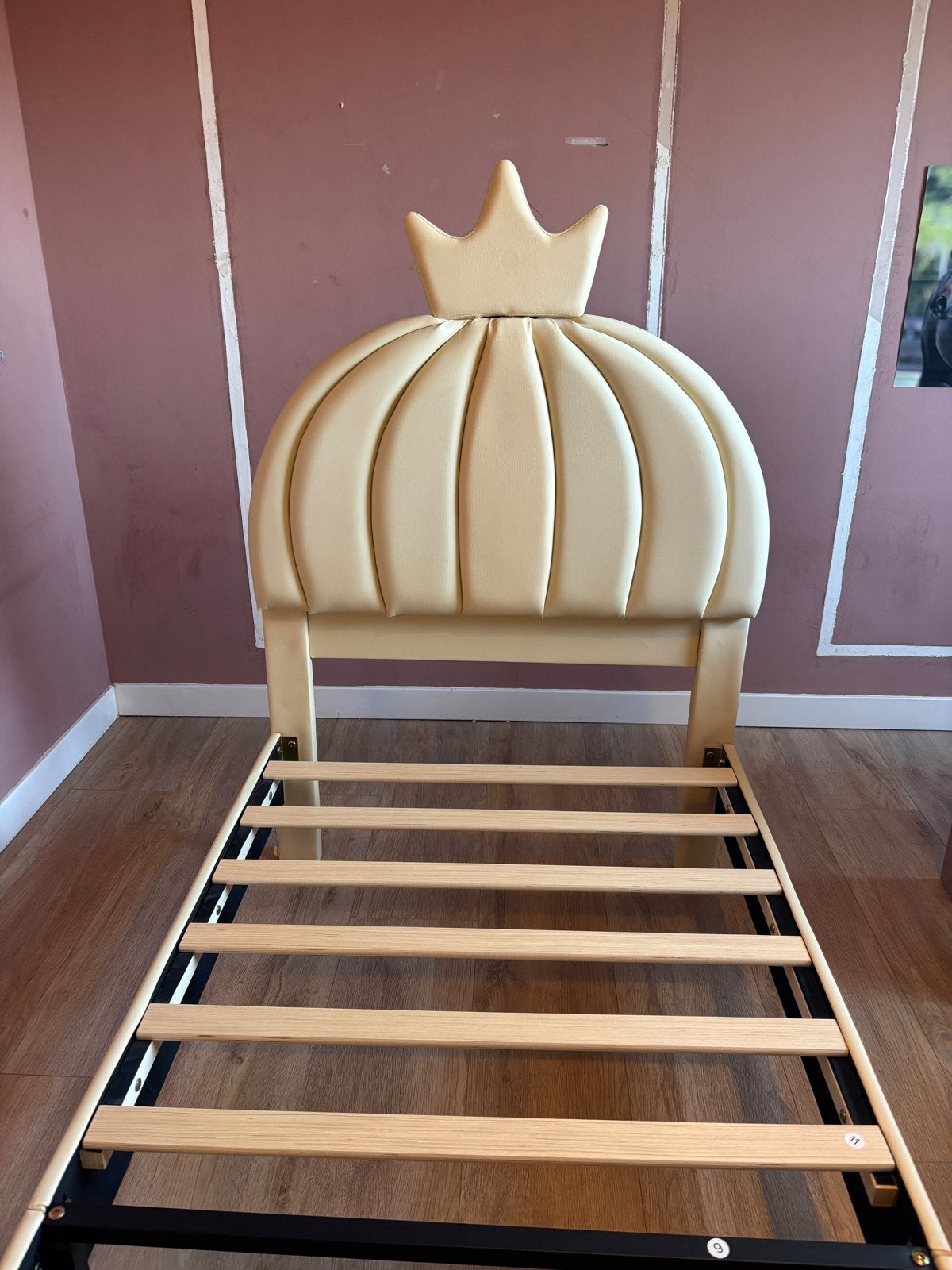 Prinsessenbed 90x200 met kroon hoofdbord (excl. matras), Ophalen, 85 tot 100 cm, Gebruikt, Lattenbodem
