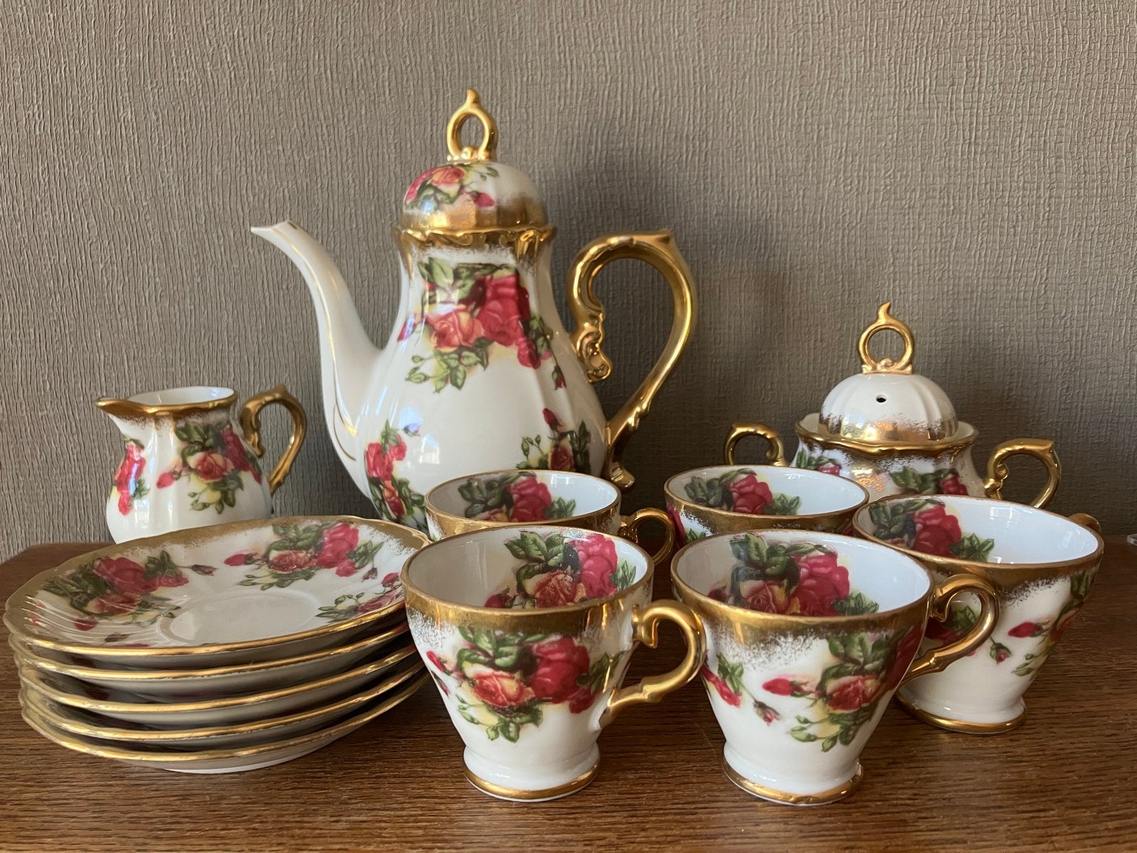 Vintage Sajji Japan Fine China Koffieservies met Rozen, Antiek en Kunst, Antiek | Servies compleet, Ophalen